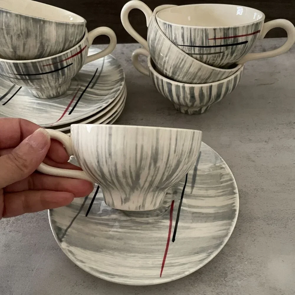 Vintage MCM Hiawatha Prim Rose Atomic Stetson China Six Tea Cups Saucers Sets